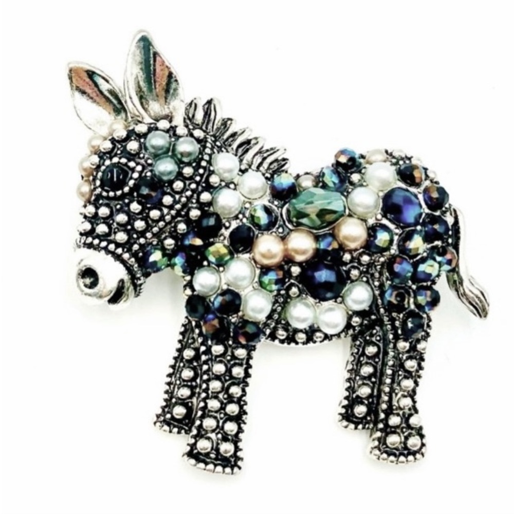 Precious Lil Burro Silver Pin Brooch Faux Pearls Dark Blue Gemstones New